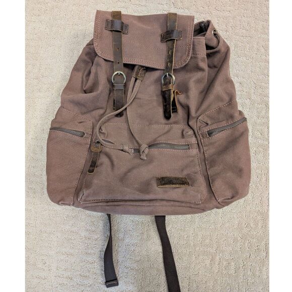 Augur Jans Backpack Mens Brown Canvas Bookbag Leather Strap Hiking Travel School - Picture 1 of 13